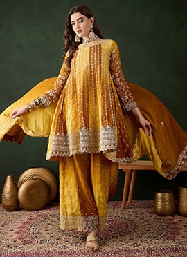 Yellow Chinon Embroidered Pakistani Palazzo Suit