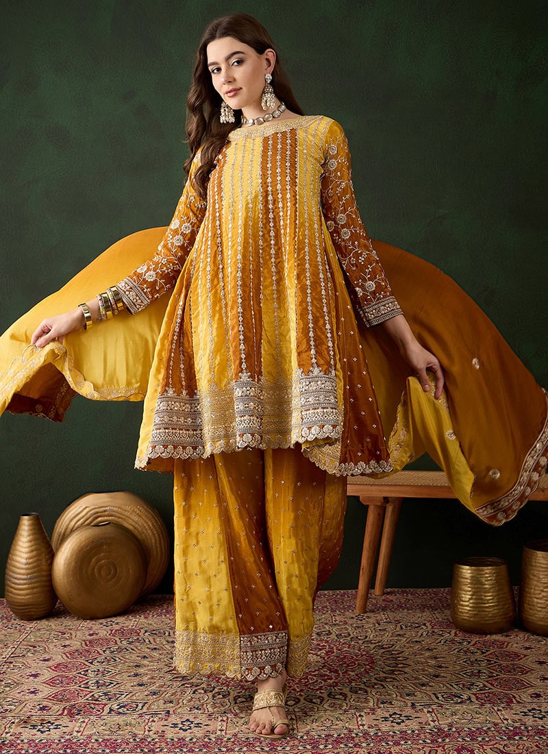 Yellow Chinon Embroidered Pakistani Palazzo Suit Festive Wear