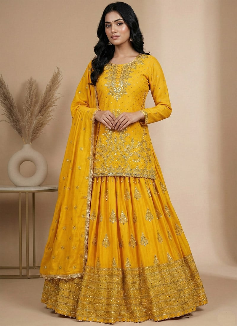 Yellow Chinon Embroidered Sequins A Line Lehenga Festive Wear