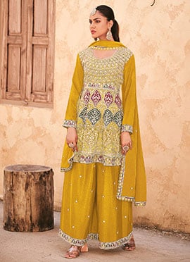 Yellow Chinon Embroidered Sequins A Line Palazzo Suit