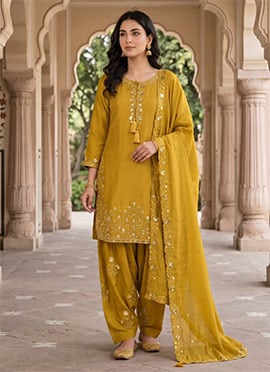 Yellow Chinon Embroidered Sequins Farshi Suit
