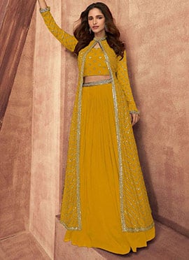 Yellow Chinon Embroidered Sequins Indowestern Long Jacket Skirt Set