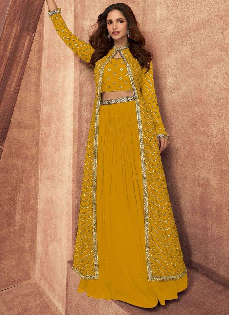 Yellow Chinon Embroidered Sequins Indowestern Long Jacket Skirt Set After Six Wear