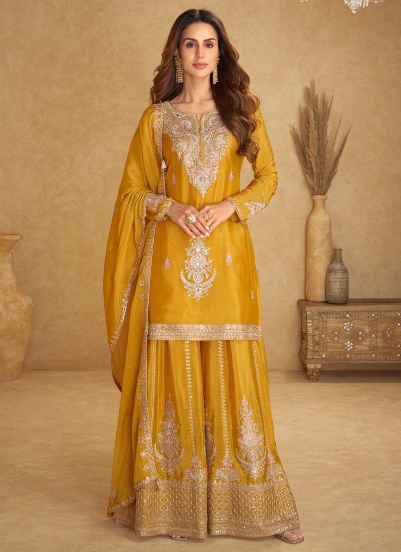 Yellow Chinon Embroidered Sequins Mirror Work Beads Palazzo Suit Festive Wear