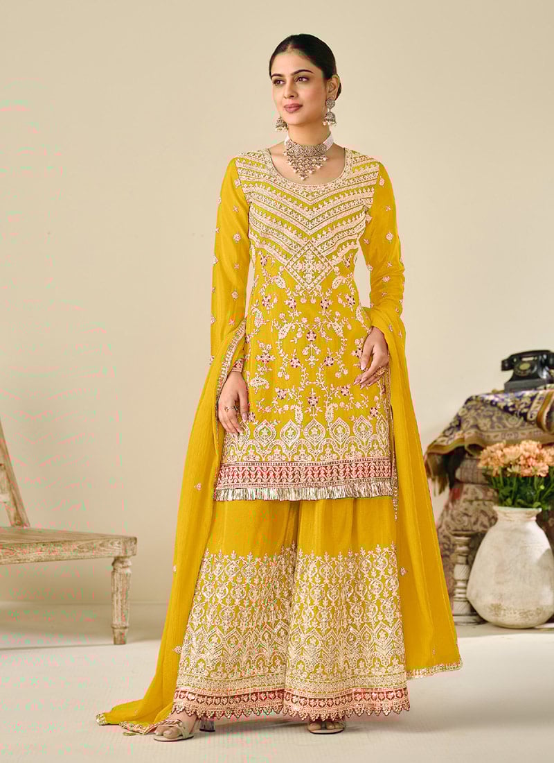 Yellow Chinon Embroidered Sequins Pakistani Palazzo Suit Festive Wear