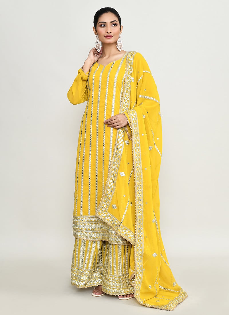 Yellow Chinon Embroidered Sequins Palazzo Suit