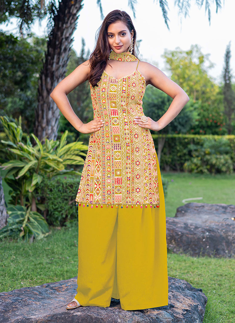 Aqua Lime Chinon Silk Sequins Palazzo Set with Designer Dupatta main image 0