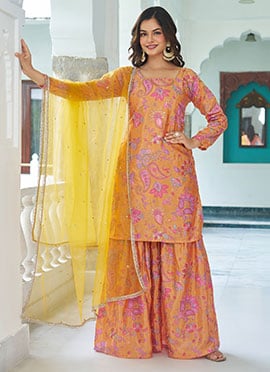 Yellow Chinon Embroidered Sequins Printed Sharara Suit