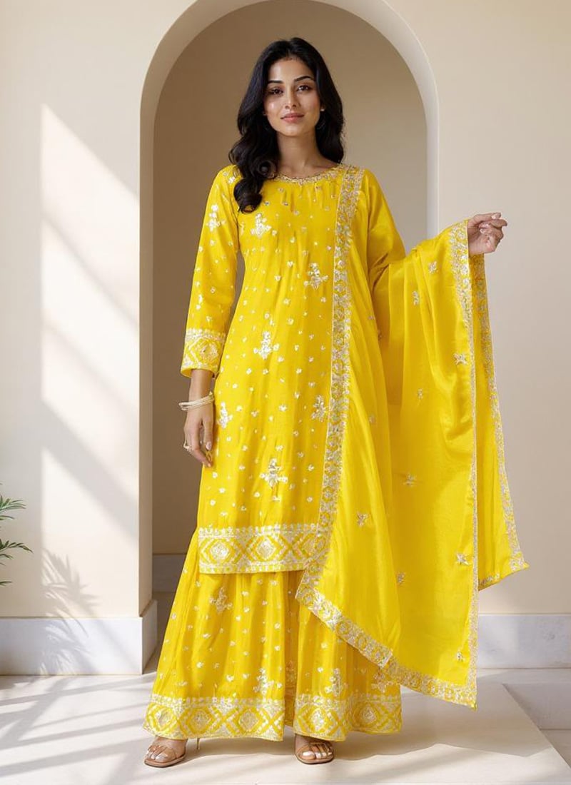 Yellow Chinon Embroidered Sequins Sharara Suit Festive Wear