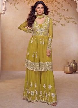 Yellow Chinon Embroidered Sequins Short Anarkali Kurta Palazzo Suit