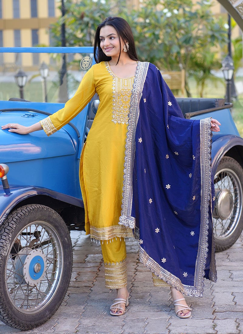 Yellow Chinon Embroidered Sequins Straight Pant Suit