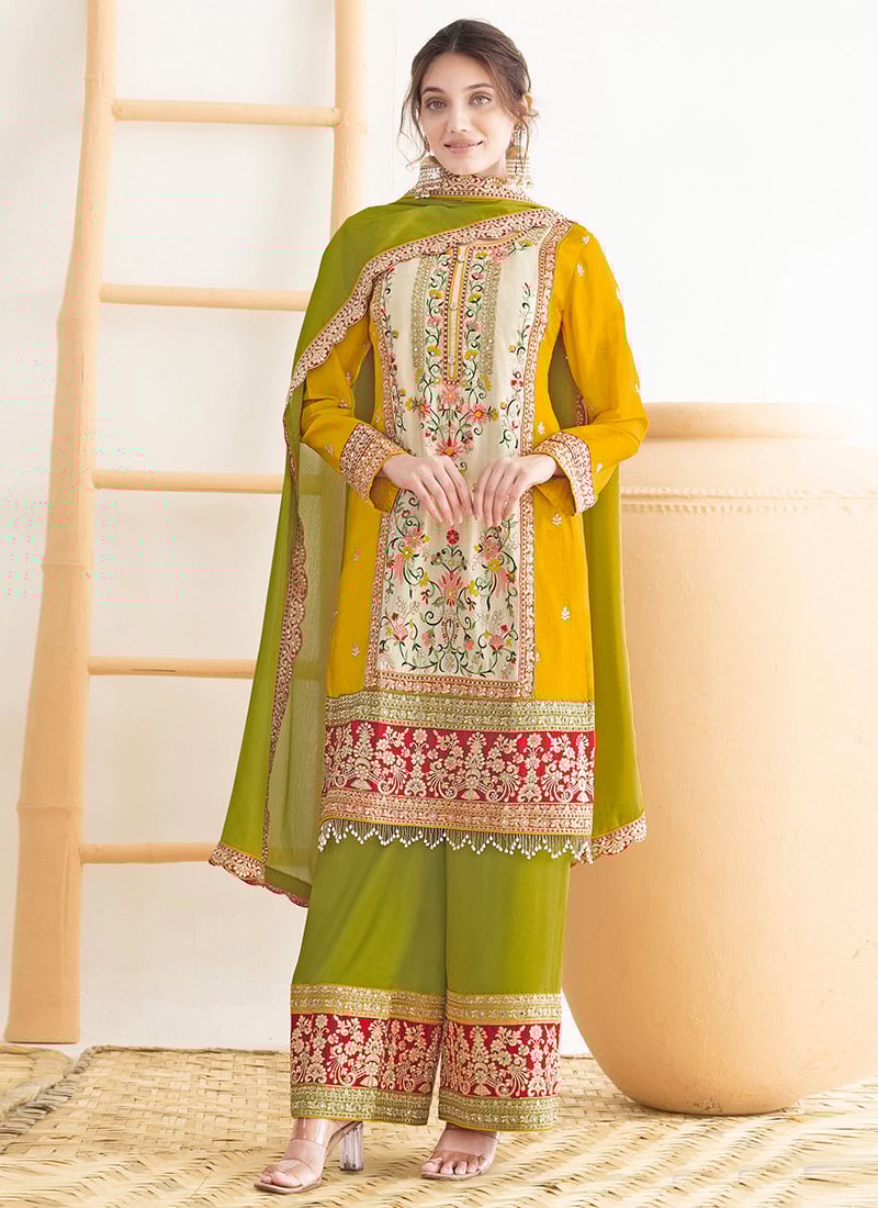 Yellow Chinon Embroidered Sequins With Mirror Work Palazzo Suit Festive Wear