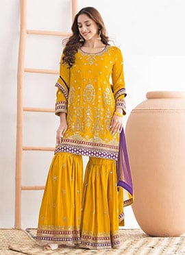 Yellow Chinon Embroidered Sharara Suit