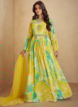 Yellow Chinon Floral Digital Print Embroidered Sequins Anarkali Suit For Classic Women