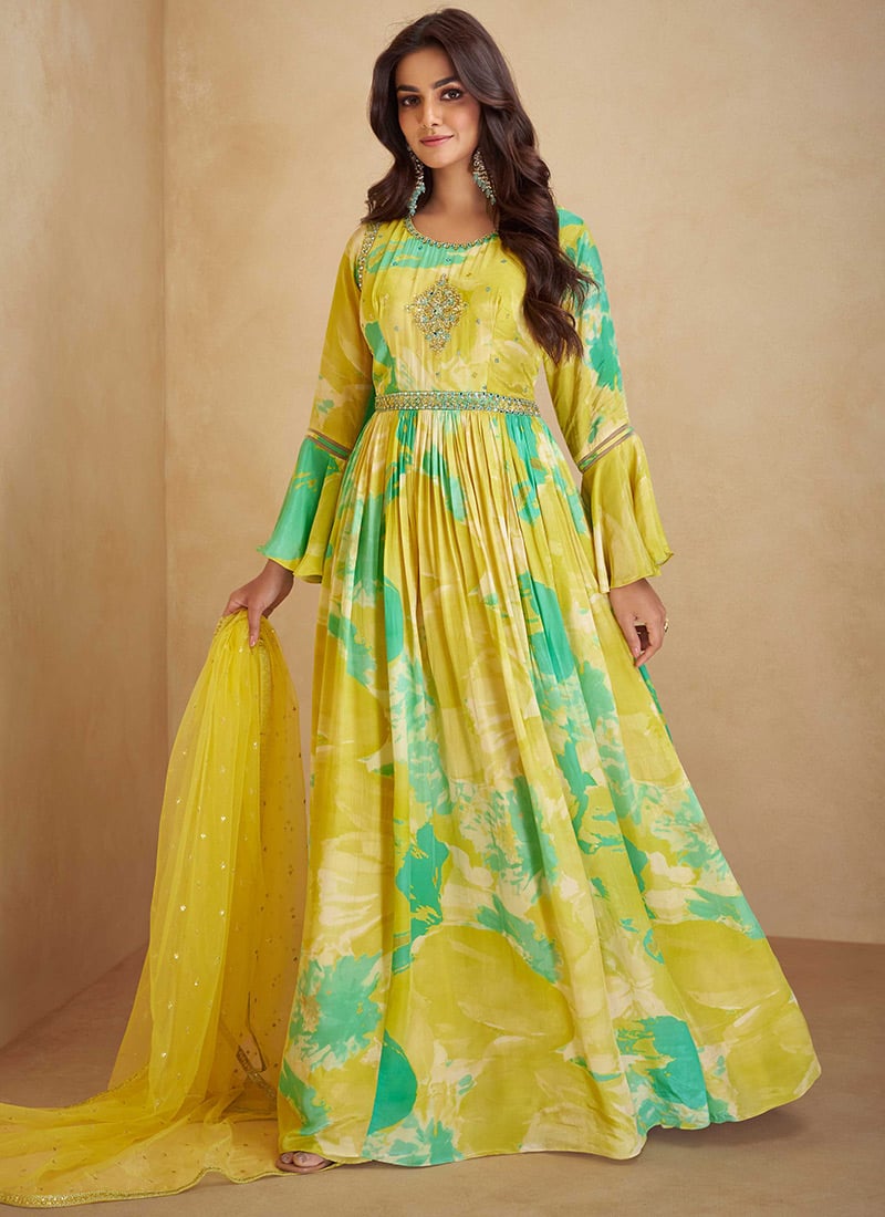 Yellow Chinon Floral Digital Print Embroidered Sequins Anarkali Suit For Classic Women