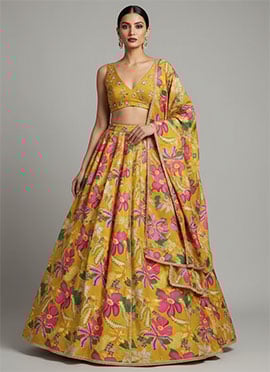 Yellow Chinon Floral Digital Print Hand Embroidered Beads And Stone Work Lehenga Set