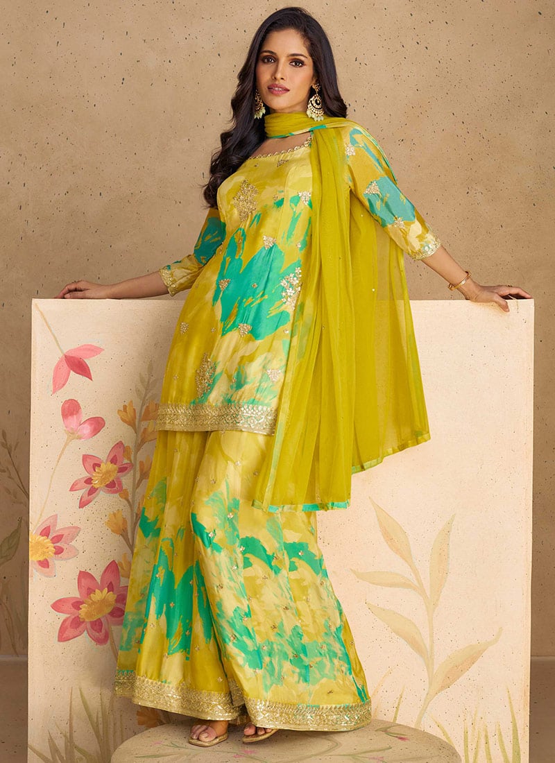 Yellow Chinon Floral Digital Print Sequins Palazzo Suit For Stylish Women Party Wear