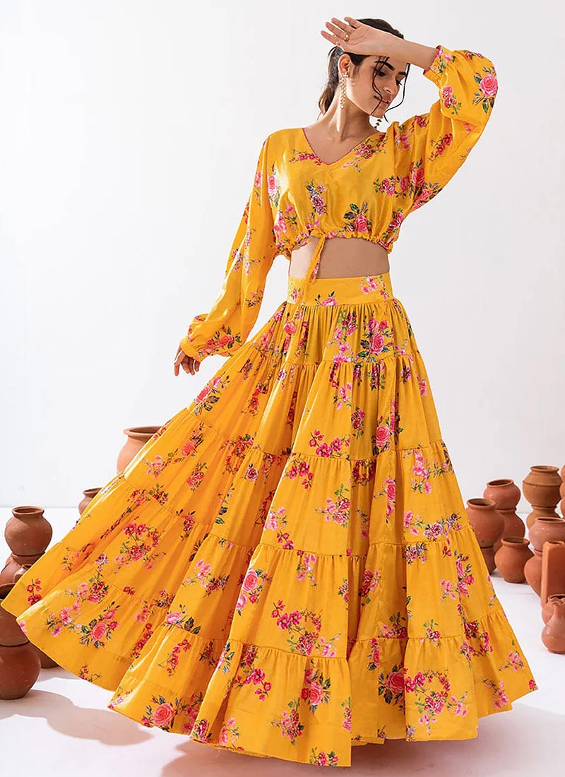 Yellow Chinon Floral Print Indowestern Skirt Set After Six Wear