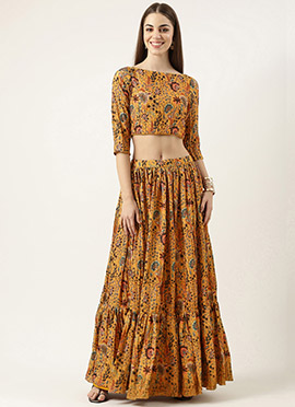 Yellow chinon Foil Printed Skirt Set