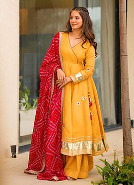 Yellow Chinon Gota Work Angarkha Style Anarkali Palazzo Suit With Bandhani Print Dupatta