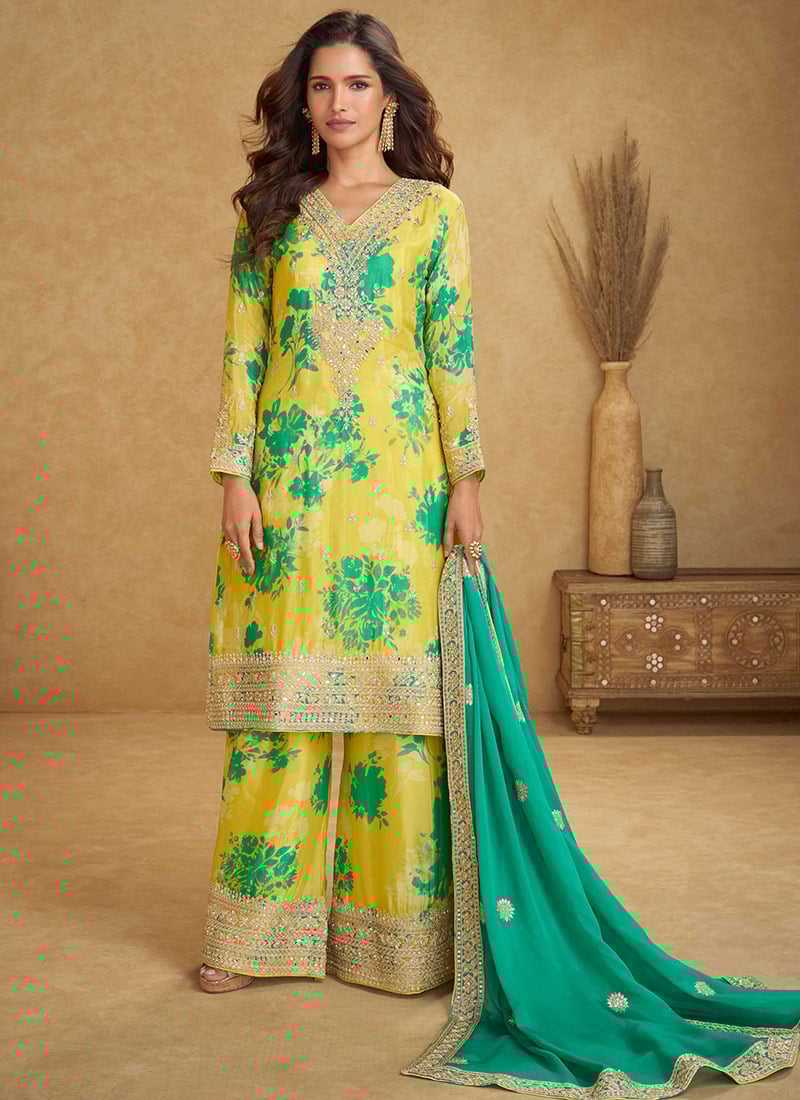 Yellow Chinon Mirror Work Sequins Embroidered And Digital Print Palazzo Suit Festive Wear