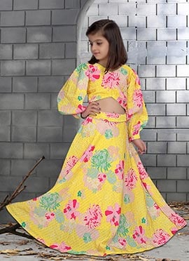 Yellow Chinon Printed Kids Girl Lehenga Choli