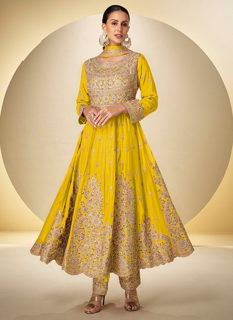 Yellow Chinon Sequins Thread Embroidered Anarkali Suit Festive Wear