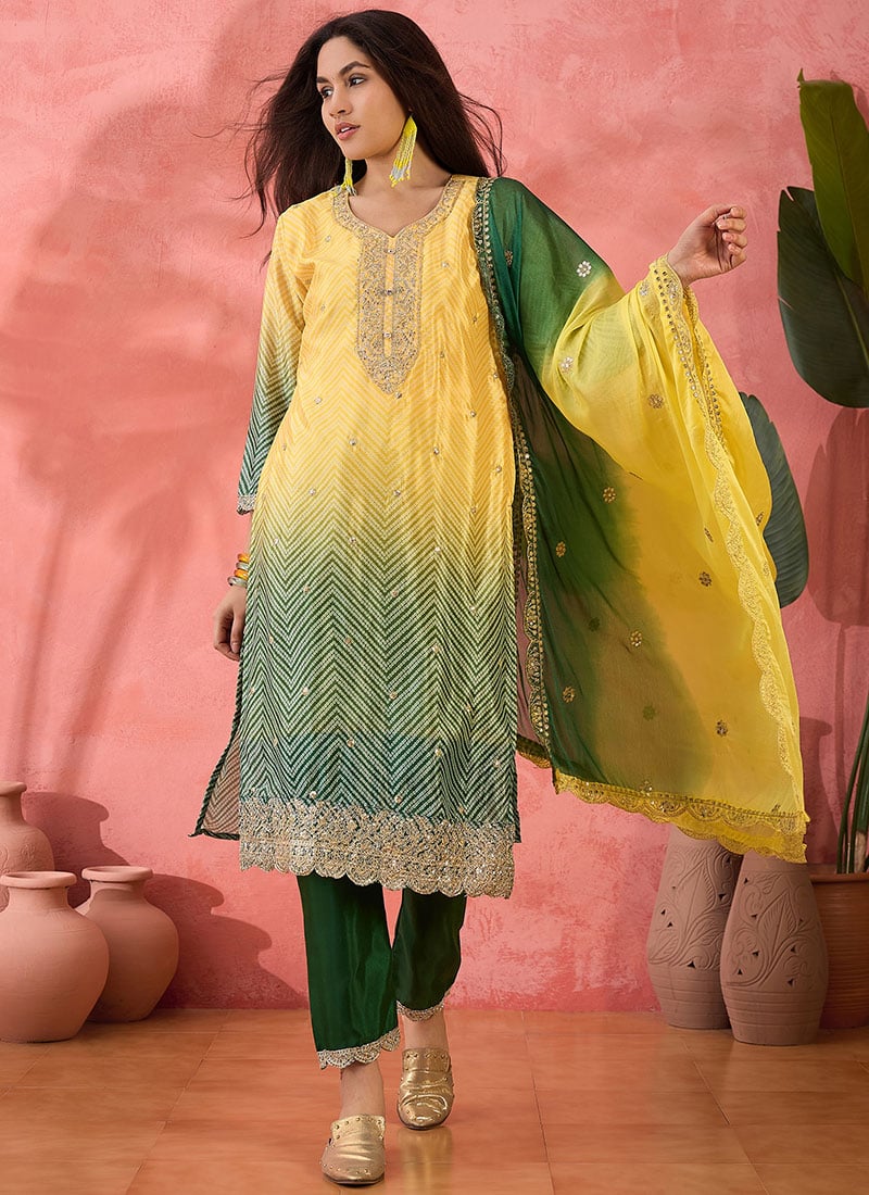 Yellow Chinon Silk Bandhani Print Embroidered Sequins Straight Pant Suit Festive Wear