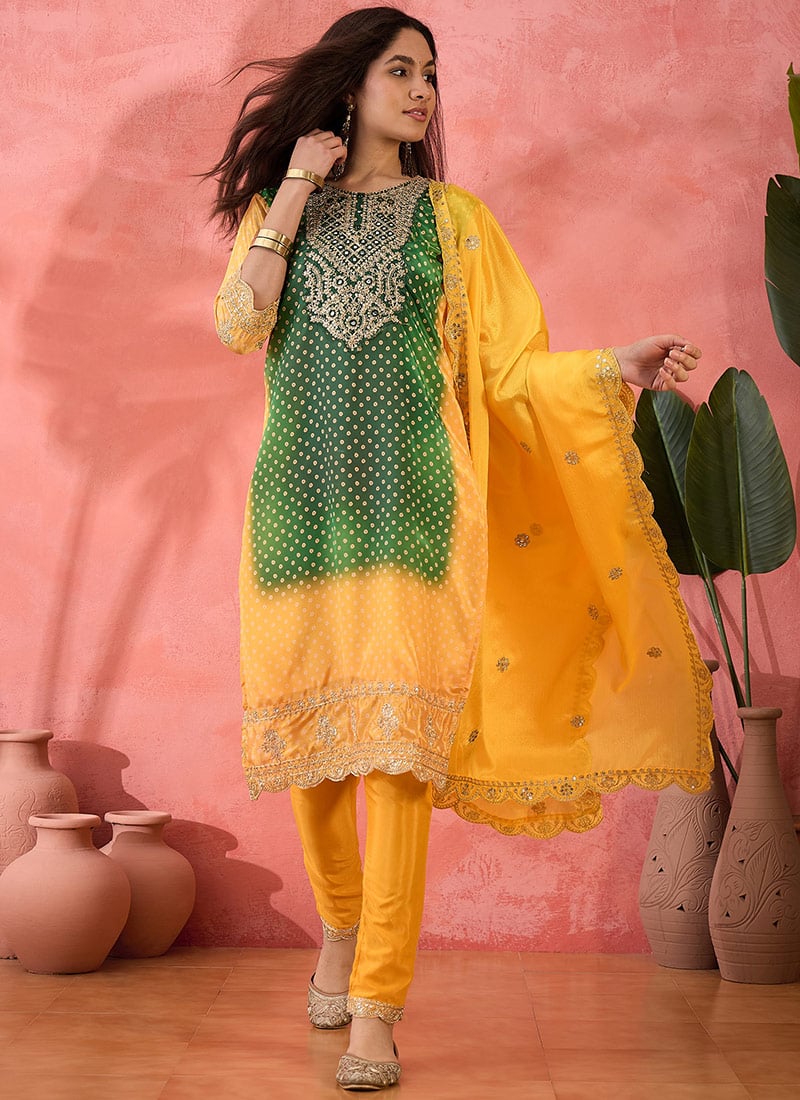 Yellow Chinon Silk Bandhani Print Embroidered Sequins Straight Pant Suit Festive Wear
