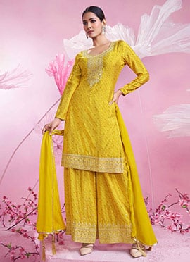 Yellow Chinon Silk Bandhini Print With Zari Embroidered Sequins Palazzo Suit