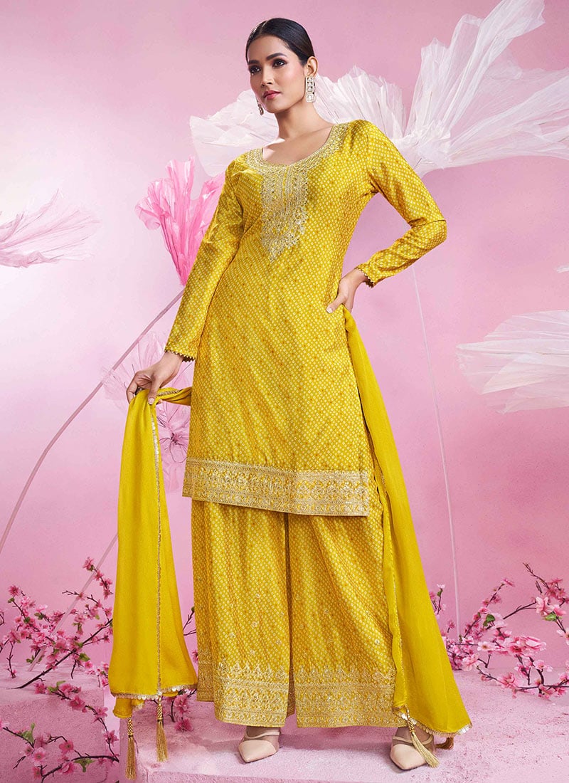 Yellow Chinon Silk Bandhini Print With Zari Embroidered Sequins Palazzo Suit