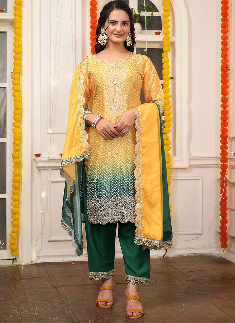 Yellow Chinon Silk Bandini Print Embroidered Sequins Straight Pant Suit Festive Wear
