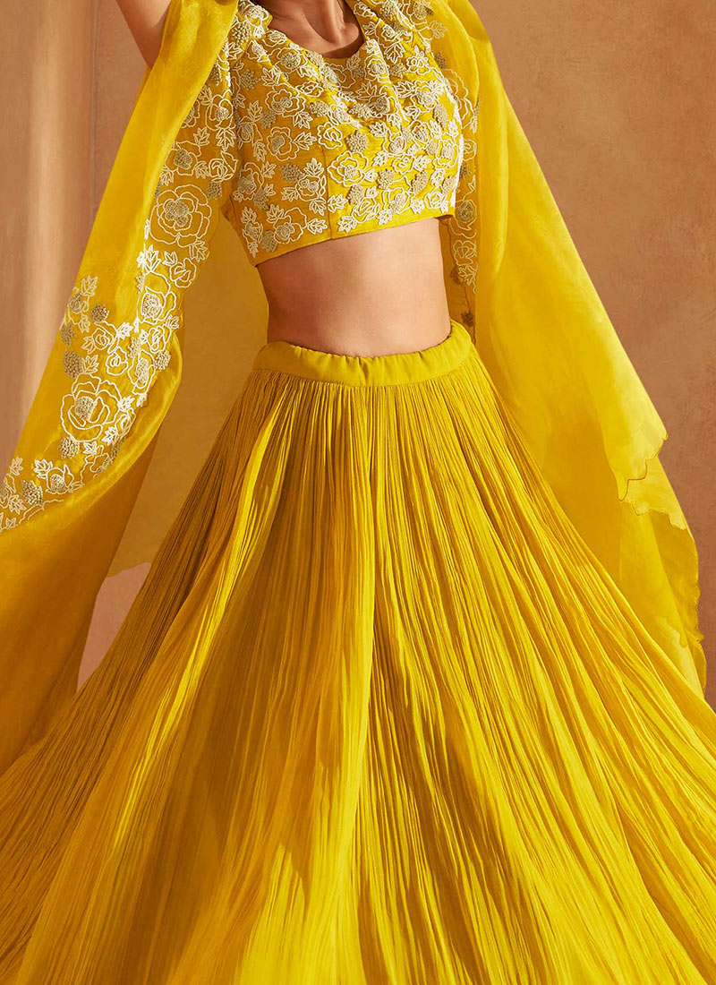 Yellow indowestern muslin silk 3 piece crop set