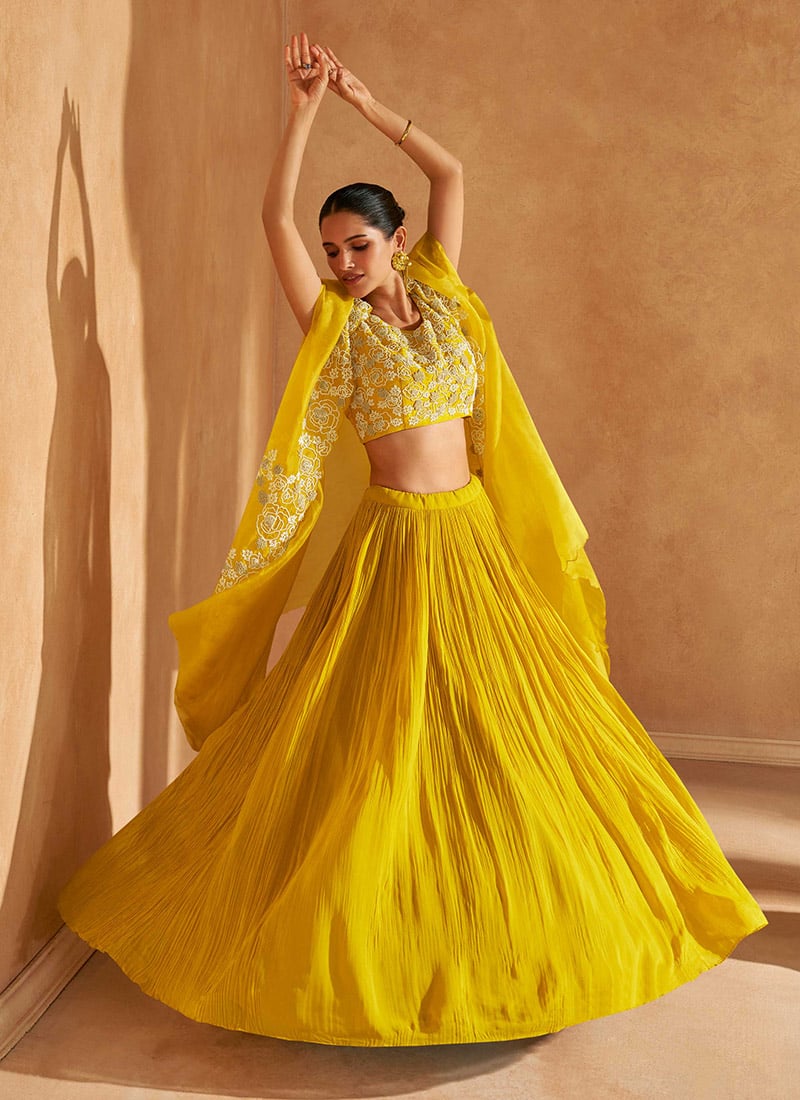 Yellow Chinon Silk Beads Work Indowestern Jacket Lehenga Set Wedding Wear