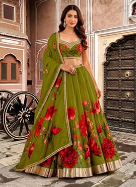 Green Chinon Silk Cutdana Sequins And Beads Hand Embroidered Digital Print Lehenga