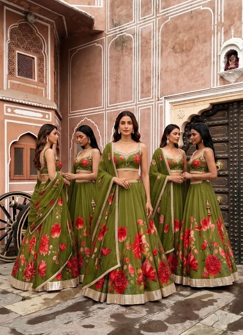 Green Chinon Silk Cutdana Sequins And Beads Hand Embroidered Digital Print Lehenga Wedding Wear