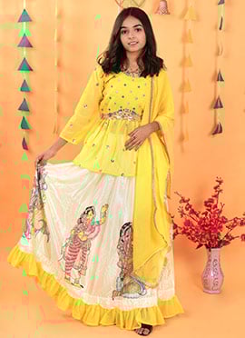 Yellow Chinon Silk Digital Print Embroidered Kids Girls Long Choli Lehenga