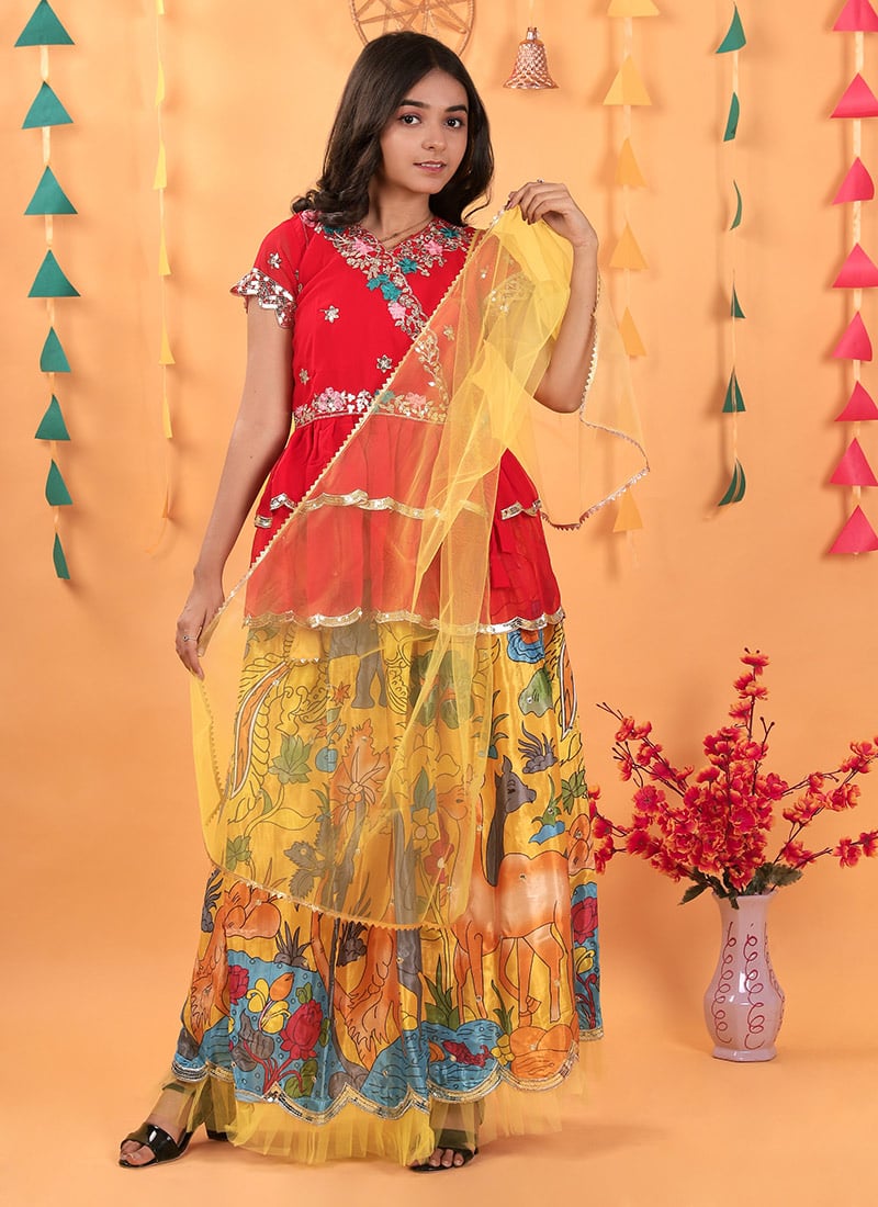 Yellow Chinon Silk Digital Print Embroidered Kids Girls Long Choli Lehenga