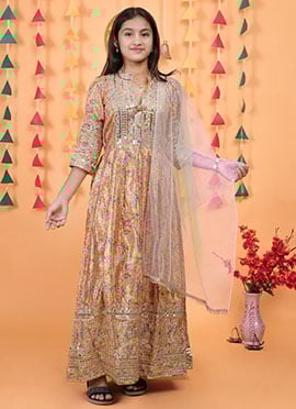 Yellow Chinon Silk Digital Print Embroidered Sequins Kids Girls Anarkali Suit