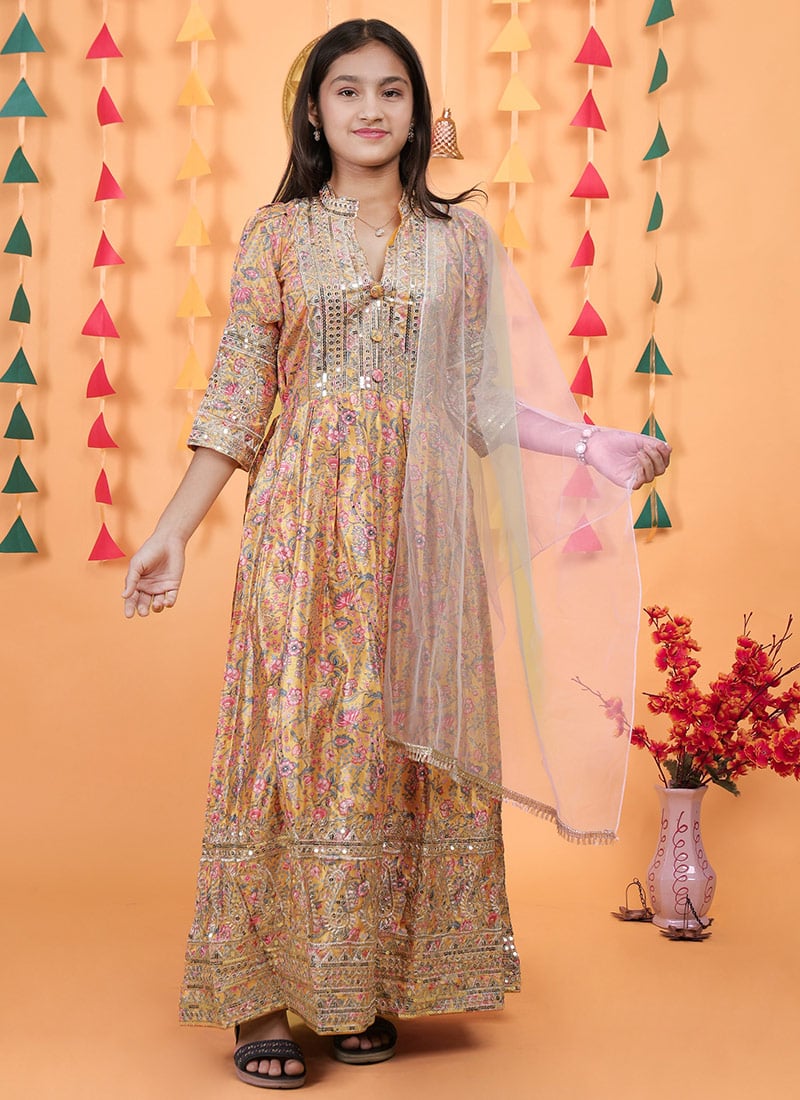 Yellow Chinon Silk Digital Print Embroidered Sequins Kids Girls Anarkali Suit Festive Wear