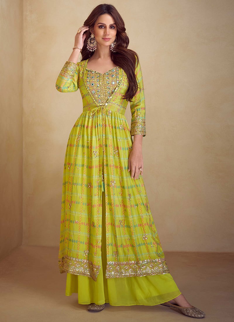 Yellow Chinon Silk Digital Print Embroidered Sequins With Beads Work Indowestern Jacket Palazzo Set Wedding Wear