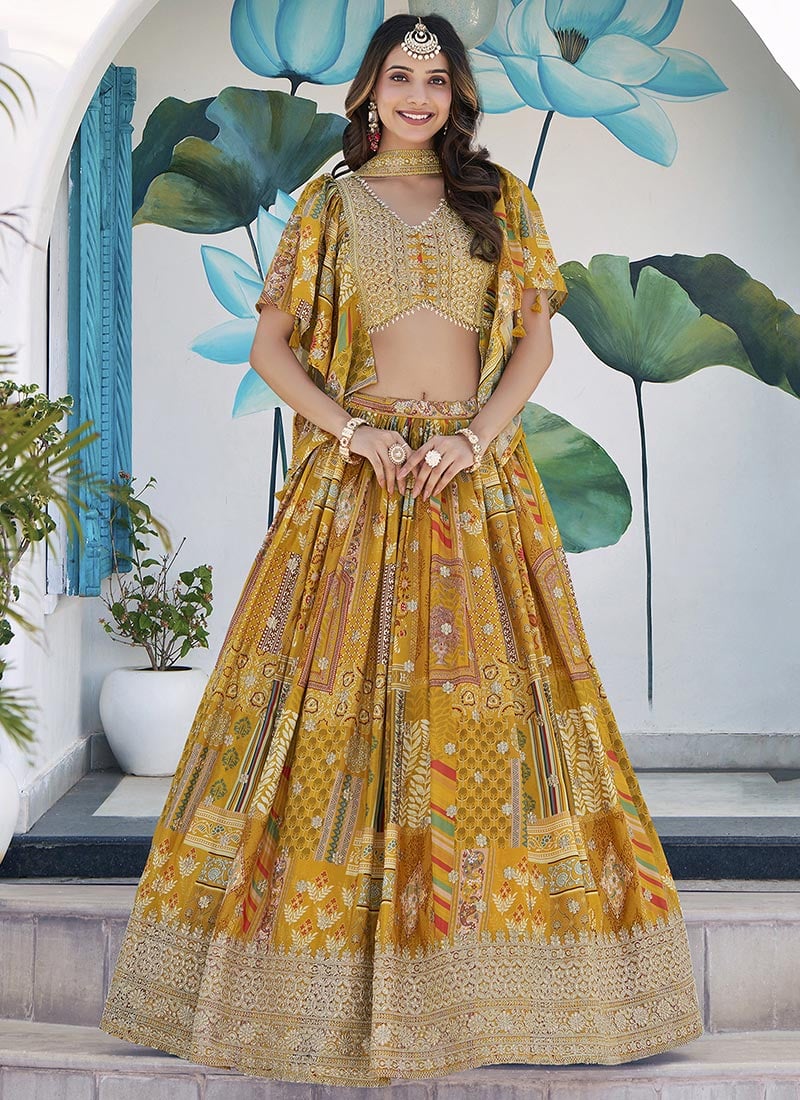 Yellow Chinon Silk Digital Print Zari Embroidered Lehenga Wedding Wear
