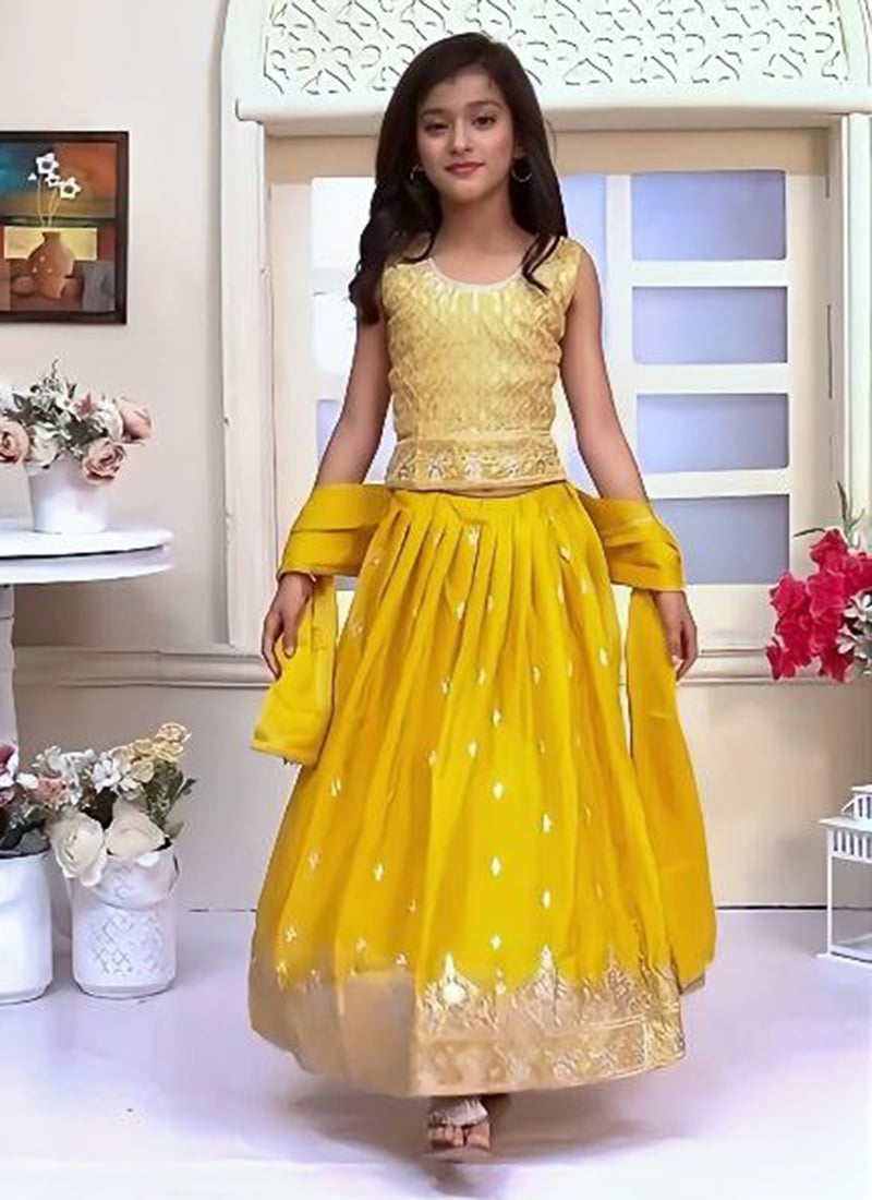 Yellow Chinon Silk Embroidered Lehenga For Kids Girls  Festive Wear