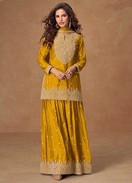 Yellow Chinon Silk Embroidered Palazzo Suit