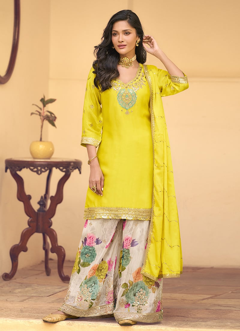 Yellow Chinon Silk Embroidered Palazzo Suit  Festive Wear