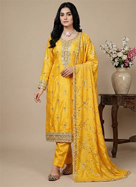 Yellow Chinon Silk Embroidered Sequin Straight Pant Suit