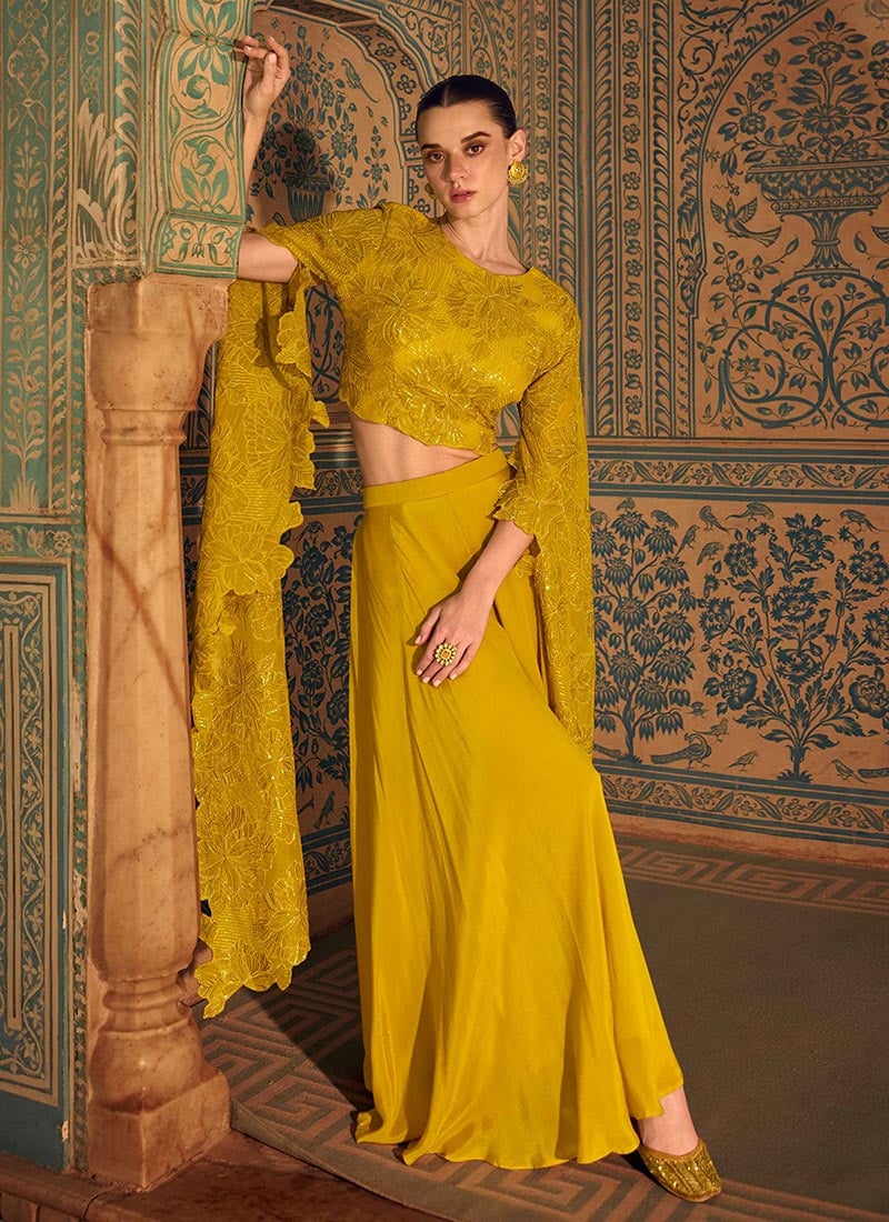 Yellow Chinon Silk Embroidered Sequins Indowestern Palazzo Suit Wedding Wear