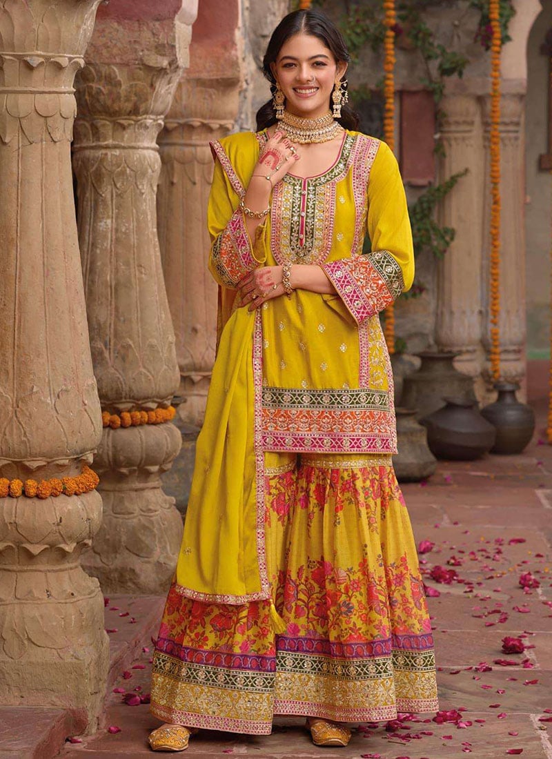 Yellow Chinon Silk Embroidered Sequins Mirror Work Digital Print Sharara Suit Festive Wear