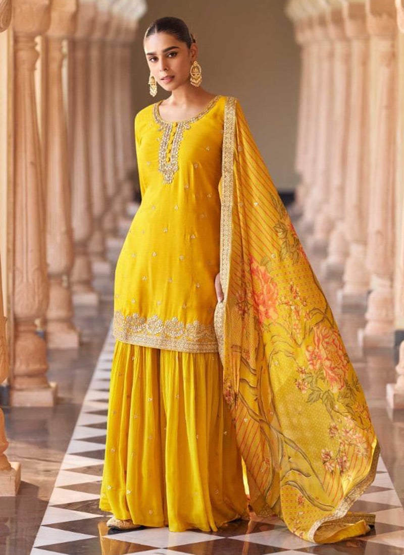 Yellow Chinon Silk Embroidered Sequins Mirror Work Printed Sharara Suit Festive Wear
