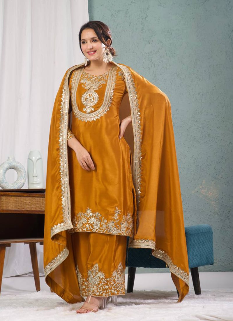 Yellow Chinon Silk Embroidered Sequins Palazzo Suit  Festive Wear